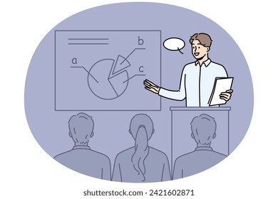 Confident male coach make business presentation for audience at conference. Smiling businessman present diagram or graph at seminar. Vector illustration.