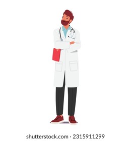 Confident Male Doctor Character Standing With Crossed Arms, Displaying Professionalism And Authority, Expertise, Knowledge, And Dedication In The Medical Field. Cartoon People Vector Illustration