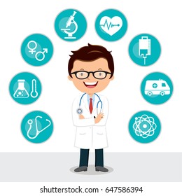 Confident male doctor with folded arms. Vector illustration of medical icon set.