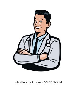 Confident male doctor. Medicine, hospital logo or emblem. Vector illustration