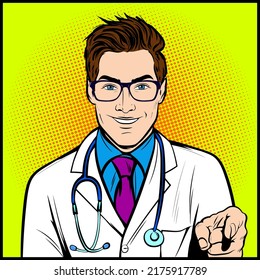 Confident Male Doctor Pointing Finger At You. Smiling Happy Man In Laboratory Lab Coat With Stethoscope Pointing Finger At Camera. Colorful Illustration In Comic Book Retro Vintage Style