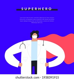 Confident male doctor wearing face mask, lab coat,  red cape. Medicine professional superhero concept. Positive healthcare worker cartoon character. Hospital poster vector template. Flat illustration