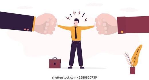 Confident male employee resist huge boss or colleagues fists. Business power, corporate slavery. Resistance to bullying, stress and burnout. Survive recession or financial crisis. vector illustration