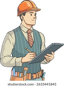 A confident male engineer wearing a hard hat and vest, holding a clipboard and pen, ready to inspect or document on a construction site. Perfect for themes of construction, project management.