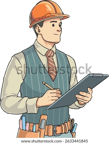 A confident male engineer wearing a hard hat and vest, holding a clipboard and pen, ready to inspect or document on a construction site. Perfect for themes of construction, project management.