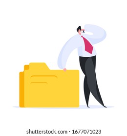 Confident male entrepreneur in formal wear leaning on huge folder with important documents and talking on smartphone. Flat cartoon character vector illustration isolated on white background