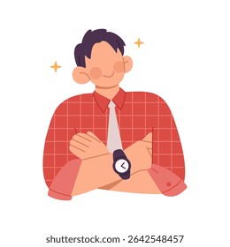 A confident male entrepreneur wearing a shirt, tie, and wristwatch is crossing his arms while smiling. Flat vector character style illustration isolated on white background