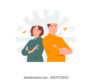 Confident male and female chefs wearing uniforms and hats standing proudly with crossed arms concept illustration