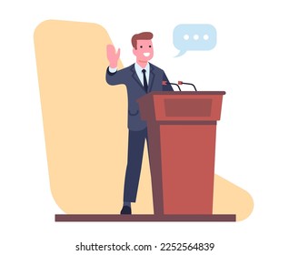 Confident male speaker gives public speech behind podium. Political leader. Man standing at tribune. President or government election. Candidates podium. Business