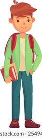 Confident male student carrying books and wearing a backpack is ready to learn and succeed in school, exuding a positive and studious attitude