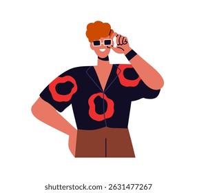 Confident man adjusting sunglasses. Modern style young male with joyful smile, festive summer outfit. Happy cool character in sun glasses. Flat vector illustration isolated on white background