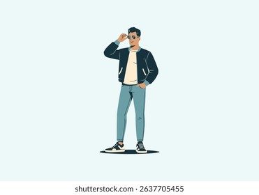 Confident Man Adjusting Sunglasses Vector — Cool Flat Illustration