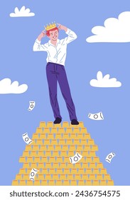 Un hombre confiado ajusta su corona de pie en una montaña de monedas de oro, lo que significa éxito financiero y confianza, ideal para una ilustración vectorial