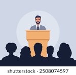 Confident man behind podium during stage speech. Speaker talking in front of the audience. Public speaking. Spokesman before crowd of people. Vector illustration