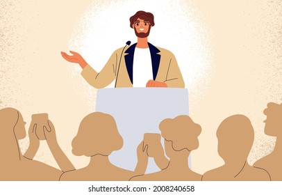 Confident man behind podium during stage speech. Speaker talking before audience. Businessman at successful public speaking. Smiling spokesman before crowd of people. Flat vector illustration