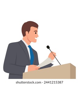 Confident man behind podium during stage speech. Speaker talking before audience. Flat vector illustration isolated on white background