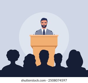 Confident man behind podium during stage speech. Speaker talking in front of the audience. Public speaking. Spokesman before crowd of people. Vector illustration