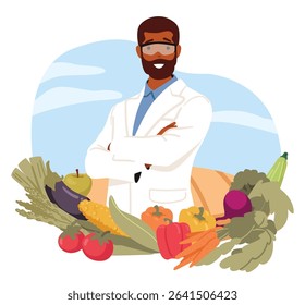 Confident man biotechnology lab scientist in proud pose surrounded by new breed of cultivated vegetables harvest cartoon portrait. Successful work on research in agriculture field vector illustration