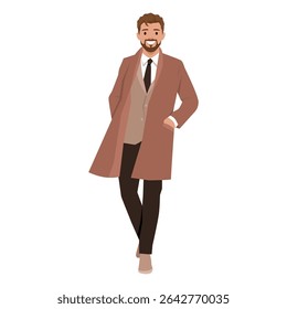 Homem confiante em um sobretudo marrom e traje formal sorri calorosamente, elegante e sentido de moda moderna. Ilustração de vetor plano isolada no plano de fundo branco