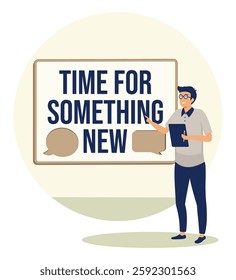 Confident man in business attire introducing new ideas with a presentation board. Rendered in flat graphic style emphasizing innovation, personal growth, and professional engagement.