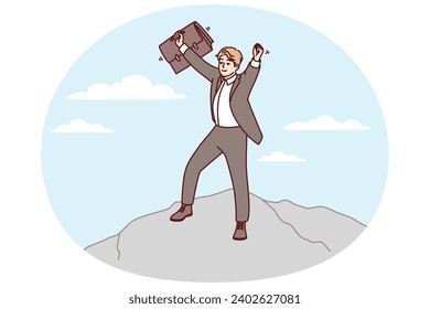 Confident man in business clothes is standing on mountain raising hands up joy of career success and getting new position. Young businessman owner of own company among clouds. Flat vector design