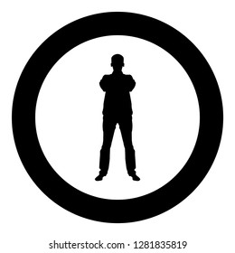 Confident man crossed his arms Business man silhouette concept front view icon black color vector illustration flat style simple imagein circle round