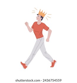 Confident man with crown on his head walking. Cartoon positive self esteem, success, leadership. Narcissistic people, man praised and proud of himself. Vector illustration isolated on white