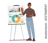 Confident Man Engages The Audience, Explaining Ideas On A Whiteboard, Employing Vivid Diagrams And Gestures To Illustrate Key Points In An Informative Presentation. Cartoon People Vector Illustration