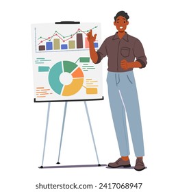 Confident Man Engages The Audience, Explaining Ideas On A Whiteboard, Employing Vivid Diagrams And Gestures To Illustrate Key Points In An Informative Presentation. Cartoon People Vector Illustration