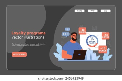 Selbstbewusster Mann, der sich mit Online-Loyalitätsprogrammen engagiert und Bonuspunkte für den Online-Handel sammelt. Digitale Angebote rund um ihn, die die Vorteile des Kunden hervorheben. Geschäftsanreize. Flache Vektorgrafik.