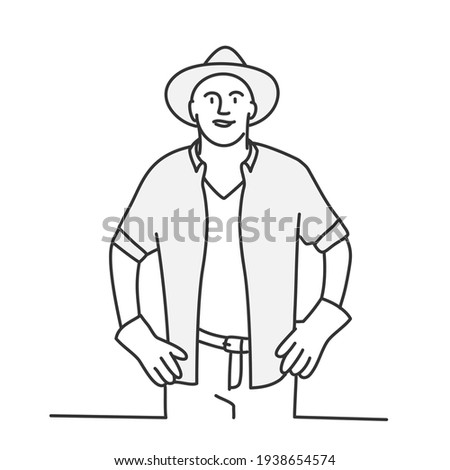 Confident man in hat holds hands on hips. Hand drawn vector illustration.