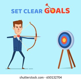 Confident man holds a bow and aims at a target. Set clear goals - motivation quote. Simple vector illustration