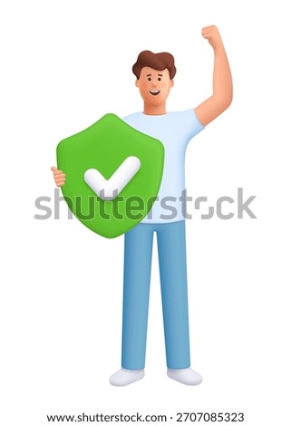 Confident man James standing with one arm raised in triumph and holding shield with check mark symbol. Protection, insurance concept. 3d vector people character. Cartoon minimal style.