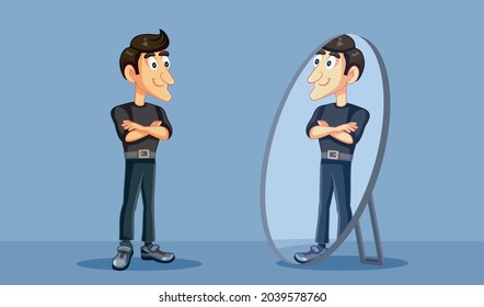 Confident Man Looking Proudly in the Mirror Vector Cartoon. Proud self-confident person admiring his reflection, and outfit
