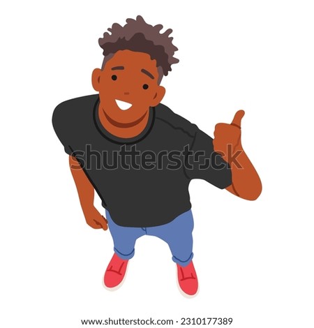 Confident Man Looking Up, Giving A Thumb Up Gesture, Captured From A Top View Perspective, Expressing Approval And Positivity. Smiling African Male Character. Cartoon People Vector Illustration