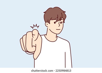 Confident man pointing finger at camera to press button on invisible screen. European guy points to display with hand calling to attend event or participate in promotion. Flat vector illustration