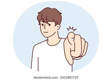Confident man pointing finger at camera to press button on invisible screen. European guy points to display with hand calling to attend event or participate in promotion. Flat vector illustration