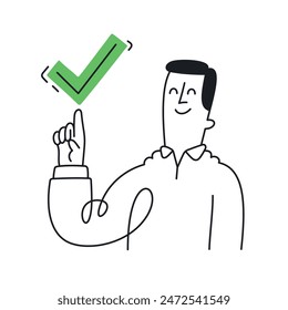 Confident Man Pointing at Green Checkmark - Doodle Style with Editable Stroke