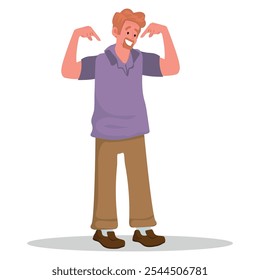 Confident man pointing at herself with positive expression, symbolizing self-love, self-confidence, self-promotion, personal growth, self-improvement, self-esteem. Cartoon People Vector Illustration.