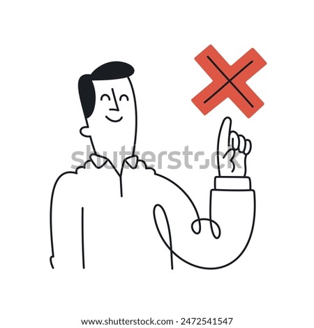 Confident Man Pointing at Red Cross Mark - Doodle Style with Editable Stroke