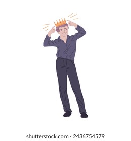 Confident man points to the crown on his head. Concept of positive self esteem, success, leadership. Narcissistic people, man praised and proud of himself. Vector illustration isolated on white