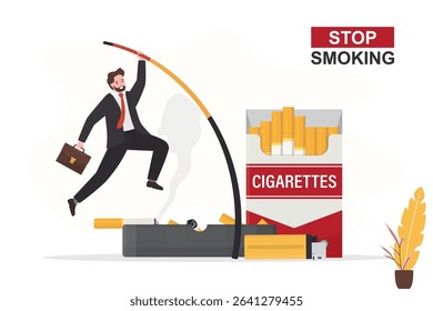 Confident man pole vault and jumping over smoking addiction. Full cigarette pack, ashtray with butts. Bad habit, stop unhealthy lifestyle. Quit smoking motivation banner. flat vector illustration