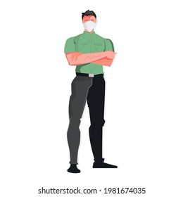 Confident man in protective mask standing with his arms folded flat vector illustration