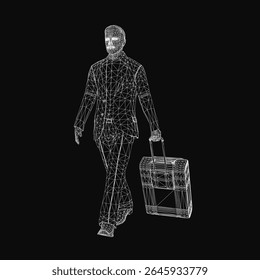 Um homem confiante em uma roupa afiada avança com uma mala amarela brilhante, exalando determinação e prontidão para viajar. Sua expressão focada e caminhada proposital sugerem ambição
