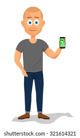 Confident man showing a smartphone. Vector.