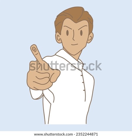 Confident man smiling and pointing out. Businessman pointing at the target, setting goals for the future. Hand drawn flat cartoon character vector illustration.