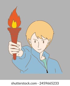 Confident man in sport jacket holding golden torch with fire flame. Hand drawn flat cartoon character vector illustration.