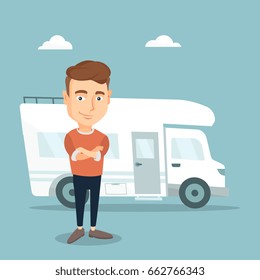 Confident man standing with arms crossed in front of motor home. Young caucasian man enjoying his vacation in motor home. Vector flat design illustration. Square layout.