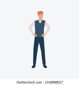 Confident man standing and holding hands on hips. Worker, manager, clerk. Can be used for topics like business, management, career