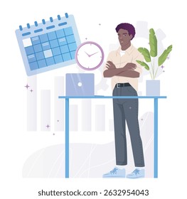 A confident man stands with folded arms near a desk with a laptop, large calendar, and clock in the background on a light abstract office-themed backdrop. Vector illustration